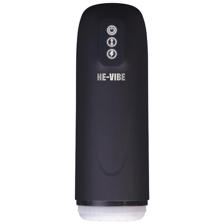 He-Vibe Power Thrust Pro Vibrating Masturbator showcasing sleek design and control buttons for intense thrusting vibrations.