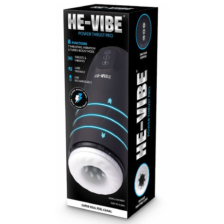 He-Vibe Power Thrust Pro Vibrating Masturbator packaging with features and details displayed.