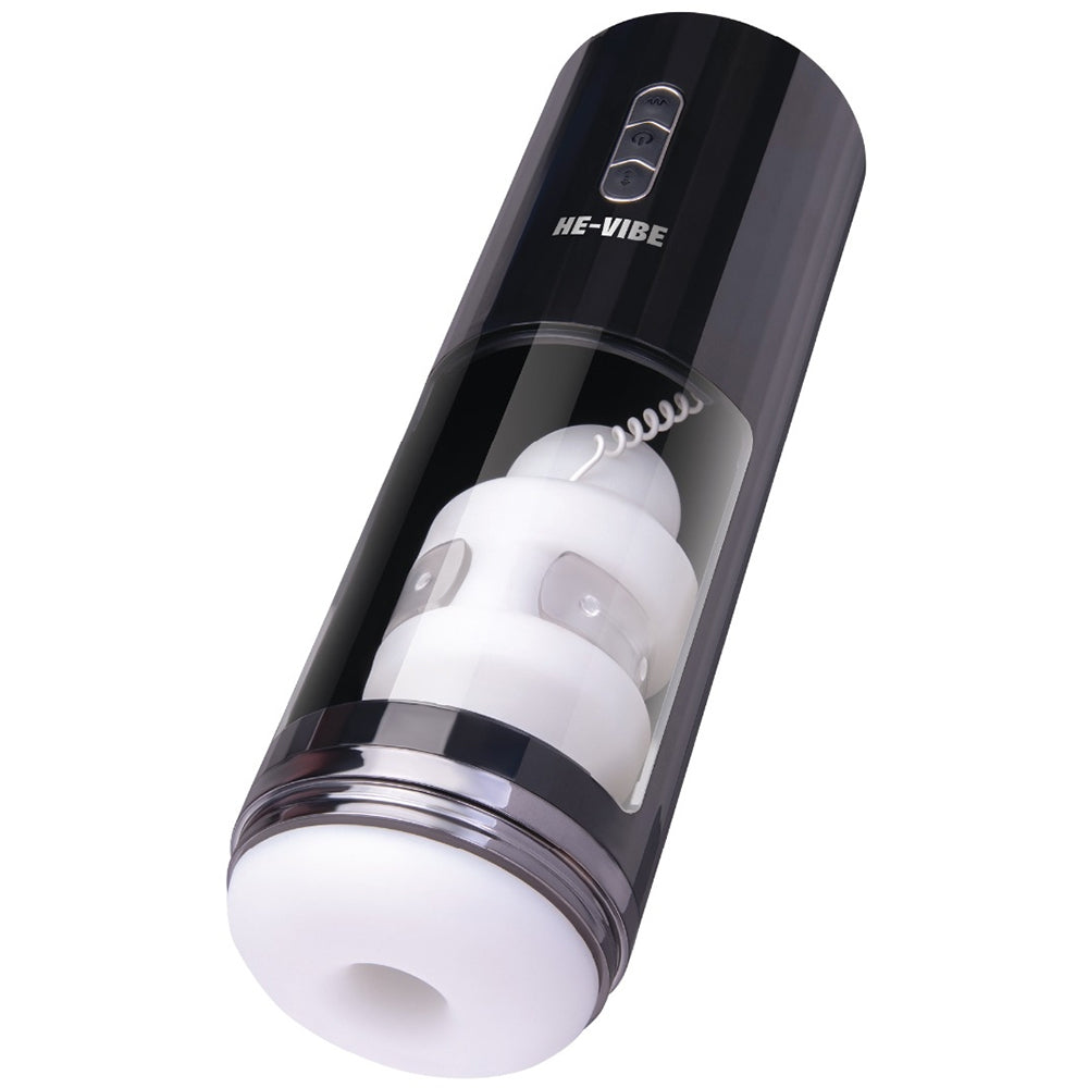 He-Vibe Thrust & Bust Thrusting Vibrating Masturbator showcasing innovative design and multiple functions for enhanced pleasure.