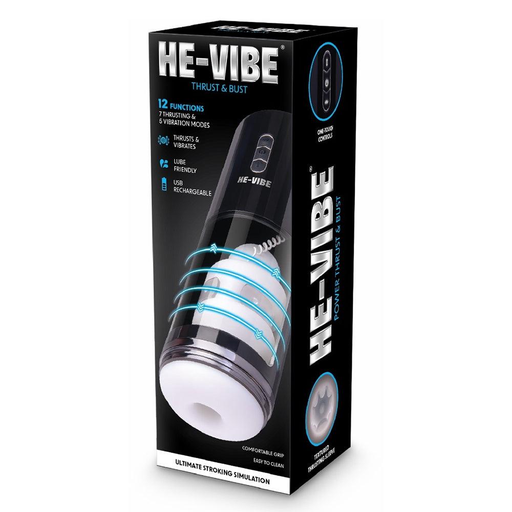 He-Vibe Thrust & Bust Thrusting Vibrating Masturbator packaging showcasing 12 functions and user-friendly design.