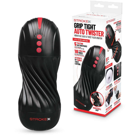 Stroke-x Grip Tight Auto Twister Masturbator with ergonomic design and packaging, features automatic twist functions.