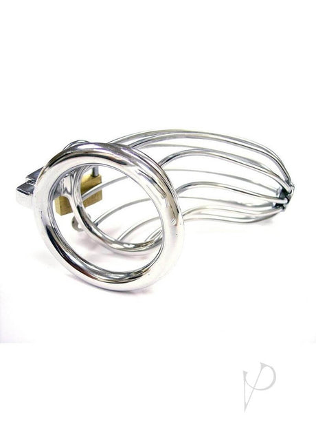 Rouge Stainless Steel Chastity Cock Cage & Padlock in sleek polished design and secure fit.