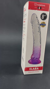 Camtoyz Realistic Dildo Elara 8 inches in packaging, showcasing its lifelike design and purple gradient detail.