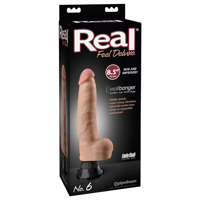 Real Feel Deluxe No. 6 Realistic 8.5 inches Vibrating Dildo With Balls and Suction Cup Beige