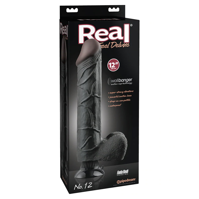 Real Feel Deluxe No. 12 Realistic 12 inches Vibrating Dildo With Balls and Suction Cup Black