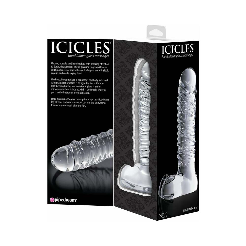 Icicles No. 63 Ribbed Realistic 8.5 inches Glass Dildo Clear