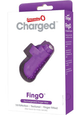 Charged Fing O Rechargeable Finger Vibrator Purple in packaging showcasing its design and features.