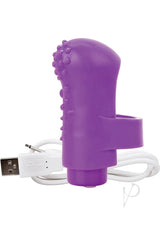 Image of Charged Fing O Rechargeable Finger Vibrator Purple with USB charging cable.