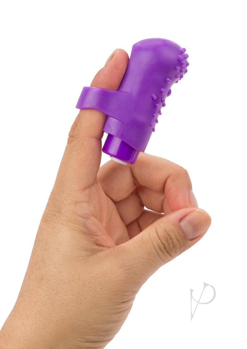 Charged Fing O Rechargeable Finger Vibrator Purple on hand delivering intense stimulation.