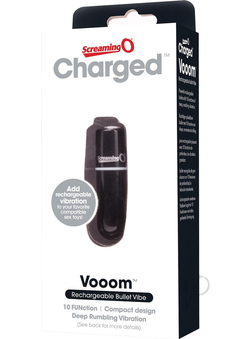 Charged Vooom Rechargeable Bullet Vibrator Black in packaging with 10 vibration functions and compact design.