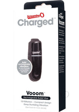 Charged Vooom Rechargeable Bullet Vibrator Black in packaging with 10 vibration functions and compact design.