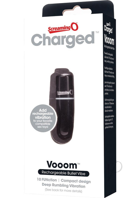 Charged Vooom Rechargeable Bullet Vibrator Black in packaging with 10 vibration functions and compact design.