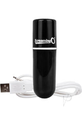Charged Vooom Rechargeable Bullet Vibrator Black with USB charging cable for intimate stimulation.