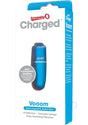 Charged Vooom Rechargeable Bullet Vibrator Blue packaging with compact design and deep rumbling vibration features.