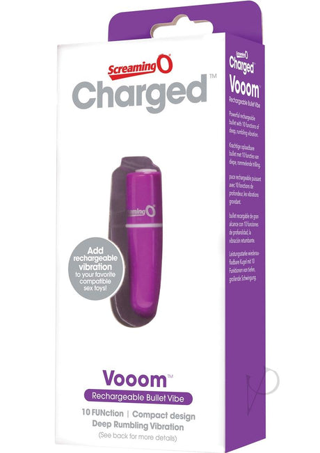 Charged Vooom Rechargeable Bullet Vibrator Purple packaging showcasing compact design and vibrant color.