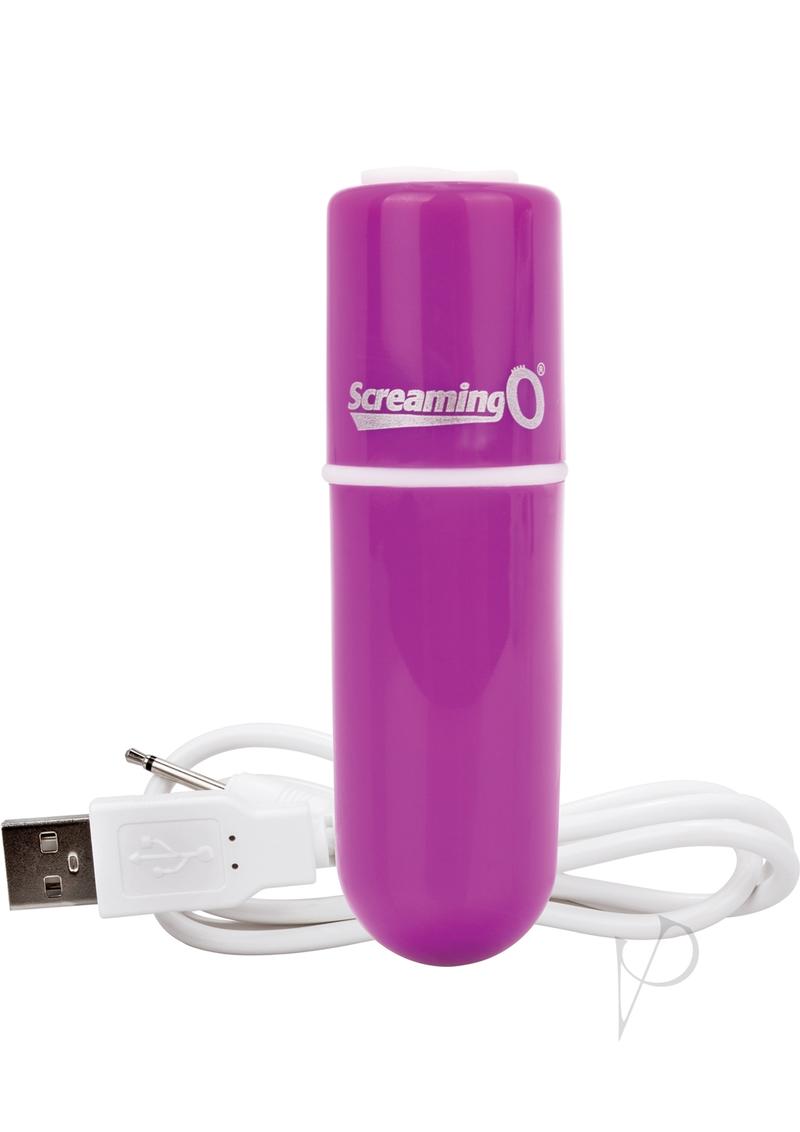 Charged Vooom Rechargeable Bullet Vibrator Purple with USB charging cable, compact and discreet design.
