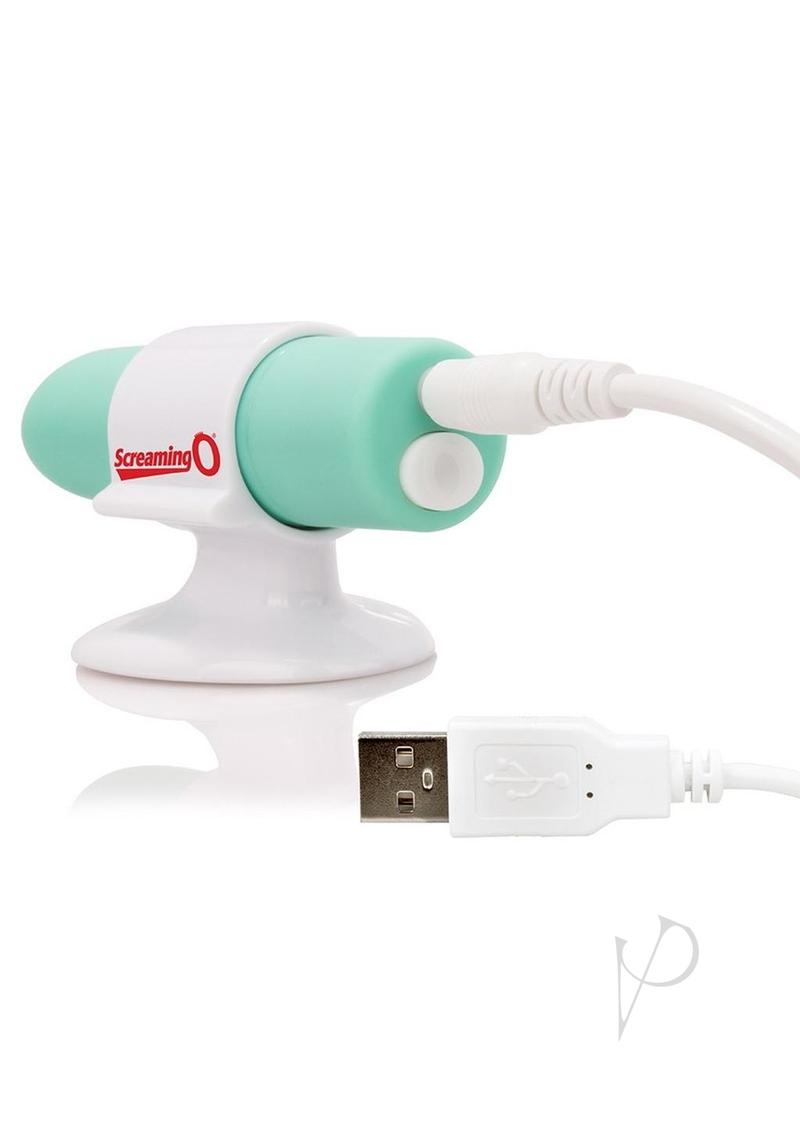 Charged Positive Rechargeable Waterproof Vibrator Kiwi in kiwi green with USB charging connection.