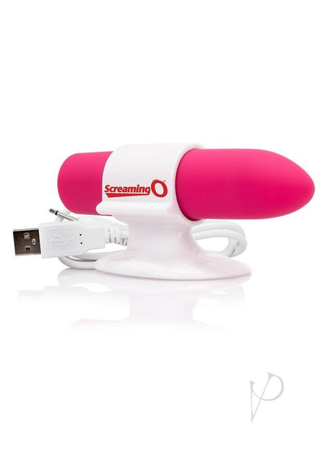 Charged Positive Rechargeable Waterproof Vibrator Pink on a white charging stand with USB cable.