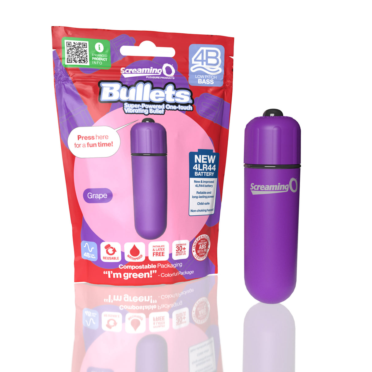 Screaming O 4B Bullet Vibrator Grape Purple Bass packaging and product image showcasing features.