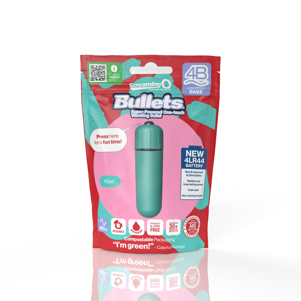 Screaming O 4B Bullet Vibrator Kiwi Green Bass packaging with vibrant colors and product details.