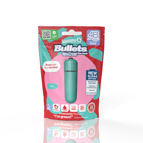 Screaming O 4B Bullet Vibrator Kiwi Green Bass packaging with vibrant colors and product details.