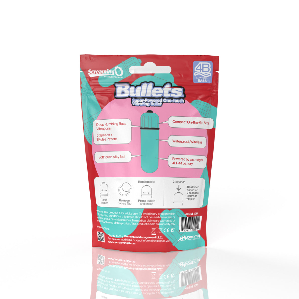 Screaming O 4B Bullet Vibrator Kiwi Green Bass packaging showcasing features and vibrant design.