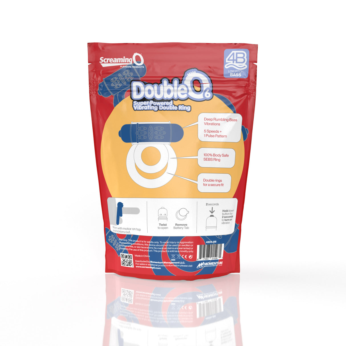 Screaming O 4B Double O 6 Blueberry Vibrating Cock Ring packaging showing features and design.