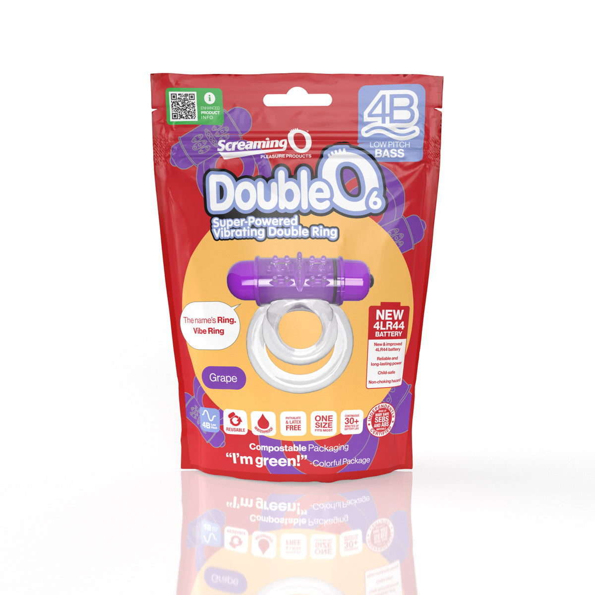 Screaming O 4B DoubleO 6 Vibrating Cock Ring Grape packaging featuring dual rings for couples' pleasure.