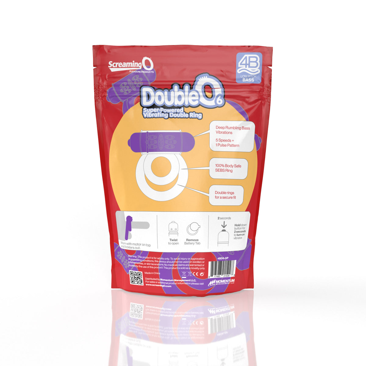 Screaming O 4B DoubleO 6 Vibrating Cock Ring Grape packaging with product features and usage instructions.