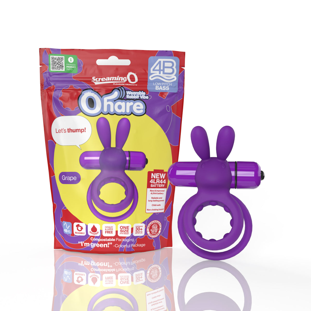 Screaming O 4B Ohare Vibrating Cock Ring Grape in colorful packaging with rabbit ears for enhanced pleasure.