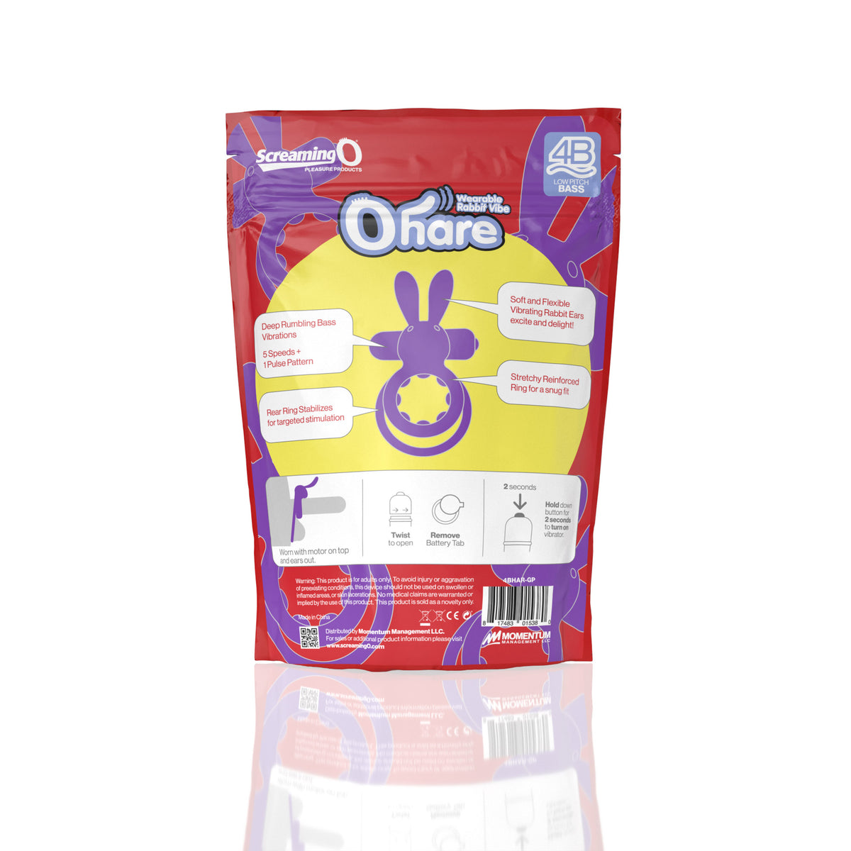Screaming O 4B Ohare Vibrating Cock Ring Grape packaging featuring rabbit ears and vibration details.