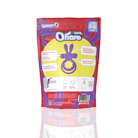 Screaming O 4B Ohare Vibrating Cock Ring Grape packaging featuring rabbit ears and vibration details.