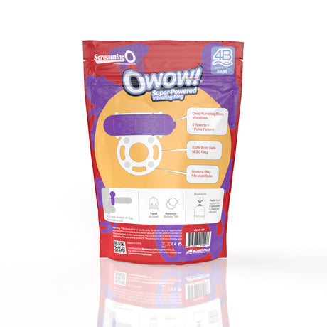 Screaming O 4B OWow Grape Vibrating Cock Ring packaging showing features and instructions for use.