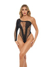 Dollar Sign Bodysuit One Size Black featuring unique open-hole design and asymmetrical one-shoulder silhouette.