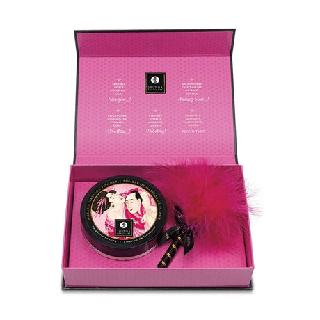 Shunga Kissable Body Powder Raspberry Filling 2.65 Oz in a stylish pink box with feather applicator.