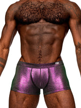 Hocus Pocus Uplift Short X-Large Purple worn by a muscular model showcasing its multi-chrome fabric design.