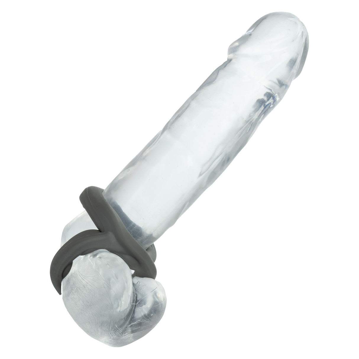 Alpha Liquid Silicone Beaded Crazy 8 Ring Grey on a clear phallic device for enhanced pleasure.