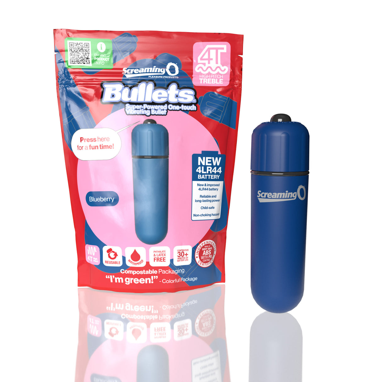 Screaming O 4T Bullet Vibrator Blueberry Treble packaging with product, showcasing compact design and fun features.