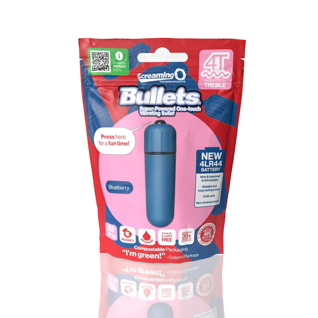 Screaming O 4T Bullet Vibrator Blueberry Treble packaging featuring a blue vibrating bullet and colorful design.