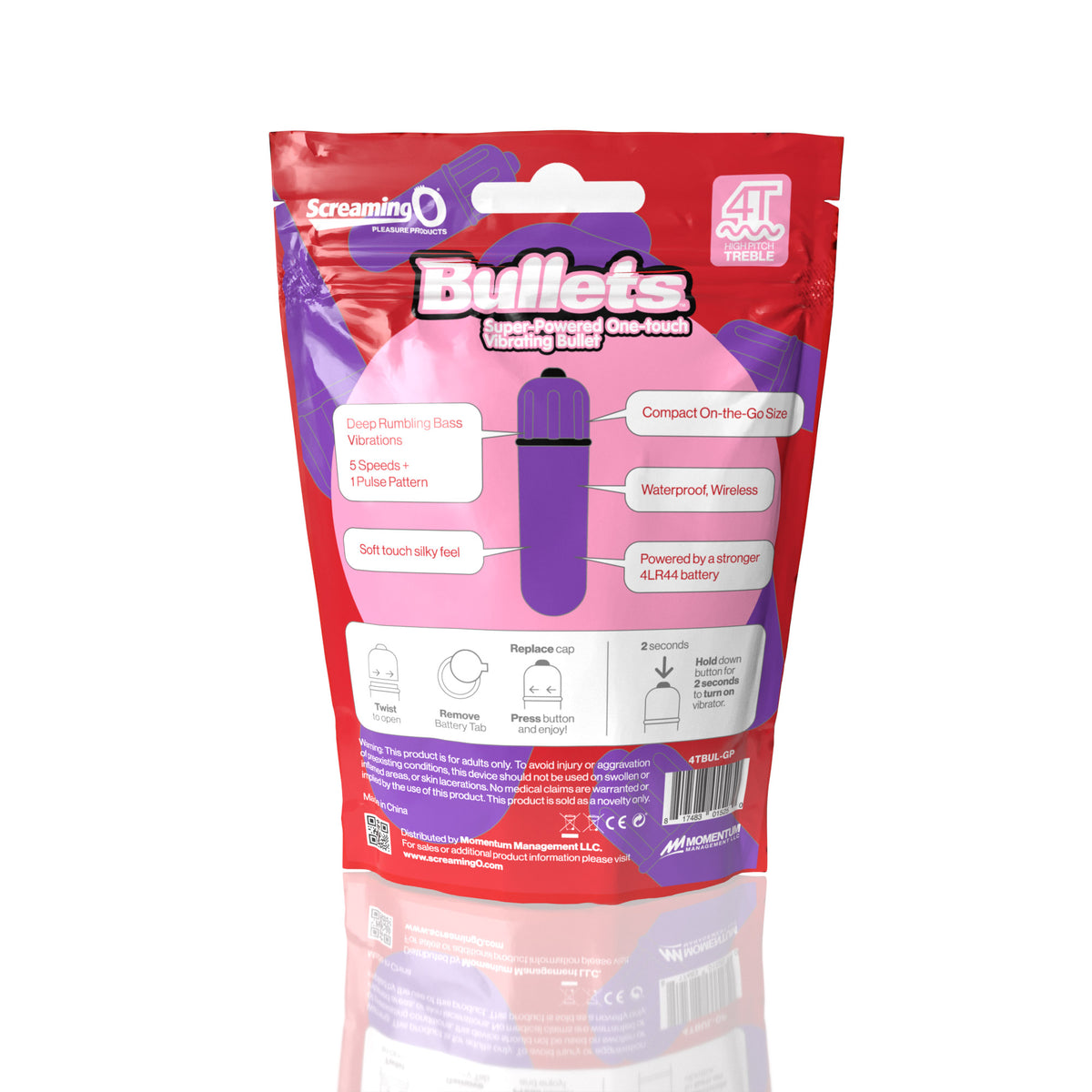 Screaming O 4T Bullet Vibrator Grape Purple packaging featuring deep rumbling vibrations and waterproof design.