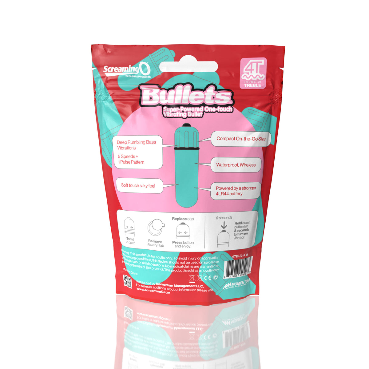 Screaming O 4T Bullet Vibrator Kiwi Green Treble package showcasing its features and design.