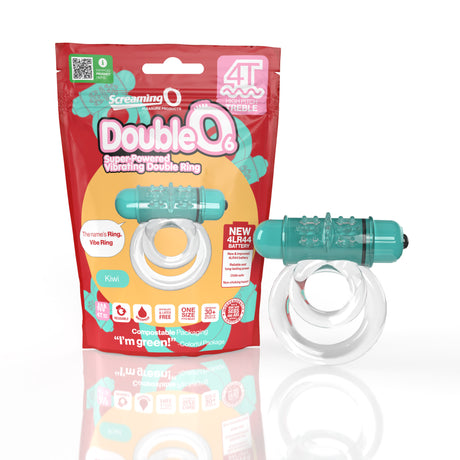 Screaming O 4T DoubleO 6 Vibrating Cock Ring Kiwi packaging and product on display with battery information.