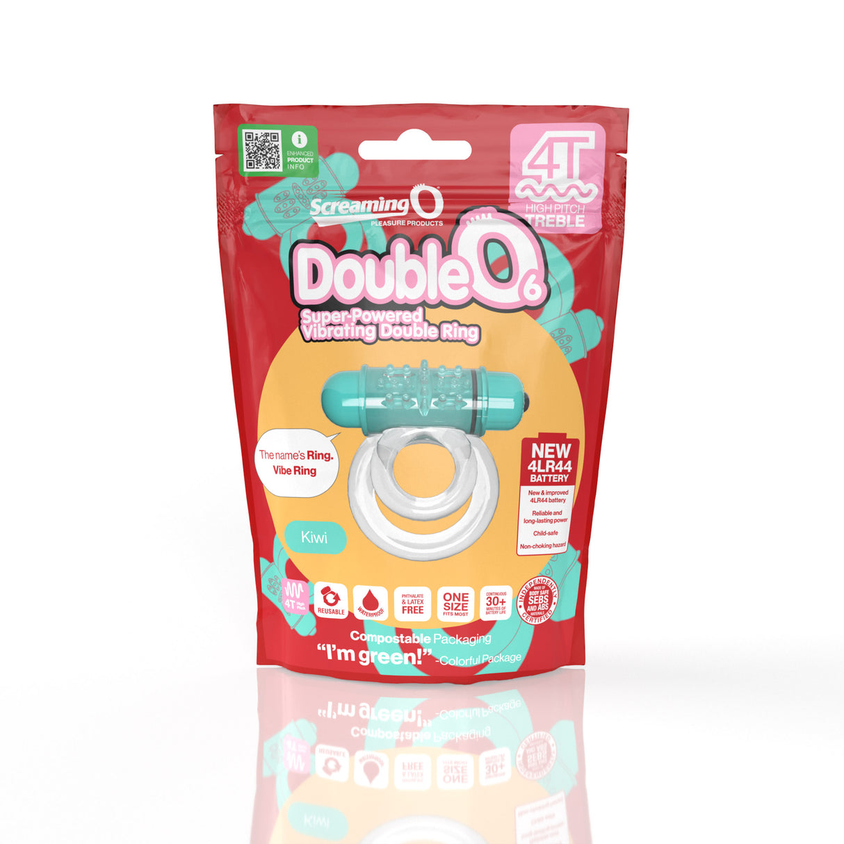 Screaming O 4T DoubleO 6 Vibrating Cock Ring Kiwi packaging showcasing a super-powered vibrating double ring for couples.