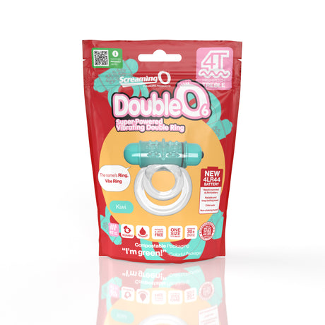 Screaming O 4T DoubleO 6 Vibrating Cock Ring Kiwi packaging showcasing a super-powered vibrating double ring for couples.