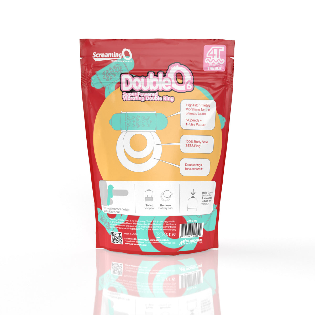 Screaming O 4T DoubleO 6 Vibrating Cock Ring Kiwi packaging showcasing features and usage instructions.