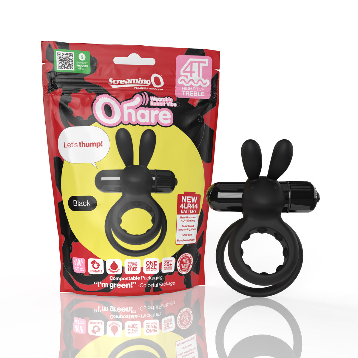 Screaming O 4T Ohare Vibrating Cock Ring Black with rabbit ears and packaging, ideal for couples' pleasure.