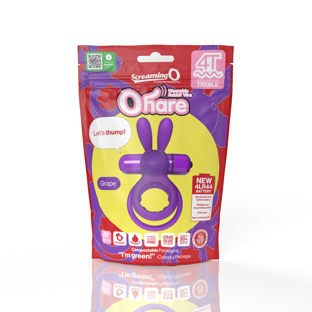Screaming O 4T Ohare Vibrating Cock Ring Grape packaged with bright colors and bunny ears for couples pleasure.