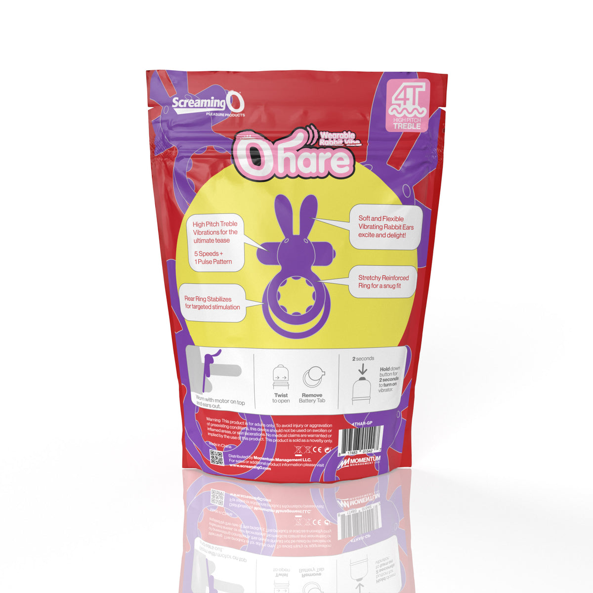 Screaming O 4T Ohare Vibrating Cock Ring Grape packaging with features and instructions graphic.