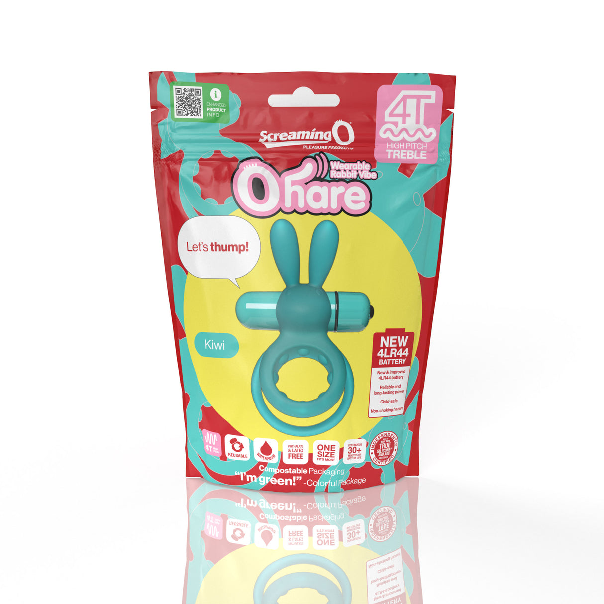 Screaming O 4T Ohare Kiwi Vibrating Cock Ring packaging featuring playful rabbit design and high-pitch treble vibrations.