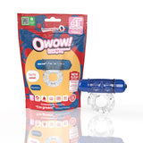 Screaming O 4T OWOW Blueberry Vibrating Cock Ring in packaging with battery info.